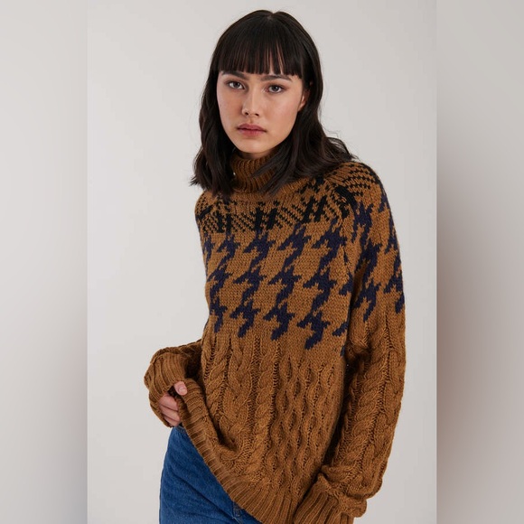 cleo Brown Cable Knit Turtleneck Sweater with Black Houndstooth Yoke - Picture 2 of 4